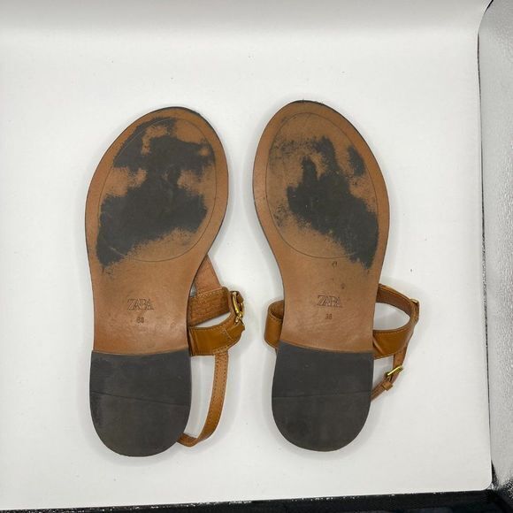 ZARA FLAT LEATHER SANDAL WITH BUCKLE BROWN WOMENS SIZE 38‎ US SIZE 7 - Picture 6 of 6